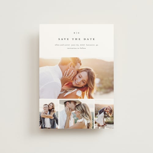 This is a cotton save the date postcards with standard by Stacey Meacham called minimal grid printing on signature in postcard