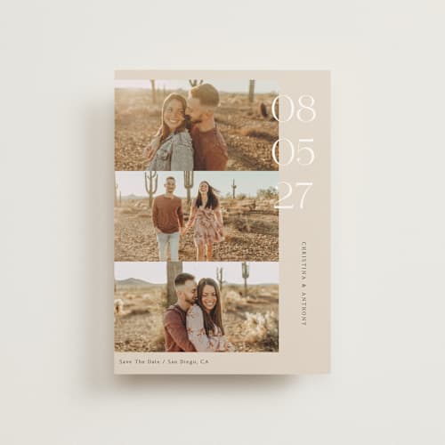 This is a sand save the date postcards with standard by Elly called cinematic love printing on signature in postcard