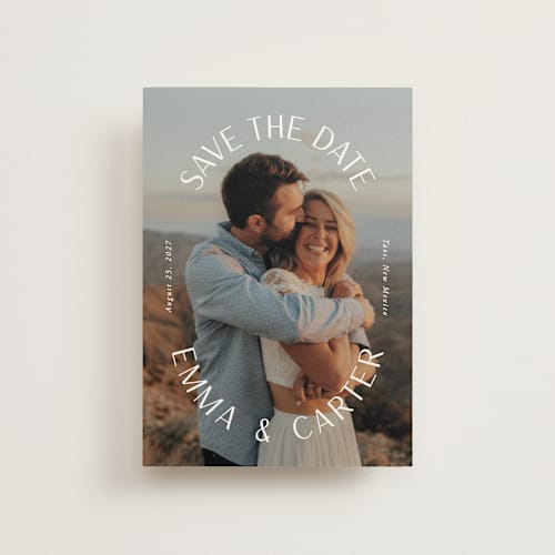 This is a pearl save the date postcards with standard by Susan Asbill called roundabout printing on signature in postcard
