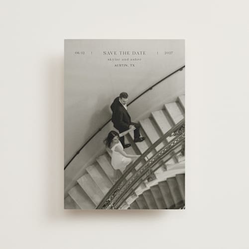 This is a noir save the date postcards with standard by Tamara Hilje called in line printing on signature in postcard
