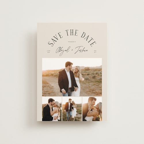 This is a taupe save the date postcards with standard by Michelle Taylor called archway printing on signature in postcard