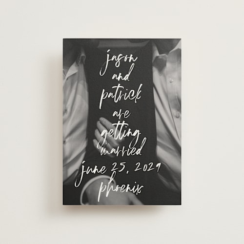 This is a marshmallow save the date postcards with standard by Keen Peachy called oh by the way printing on signature in postcard