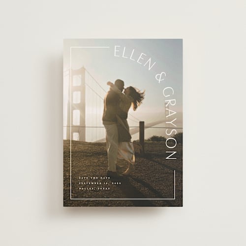 This is a snow save the date postcards with standard by Lauren Chism called take shape printing on signature in postcard