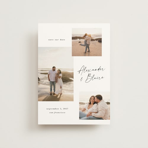 This is a onyx save the date postcards with standard by Kate Ahn called bondi printing on signature in postcard