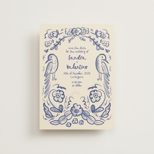 This is a marseille blue save the date postcards with standard by Ani Somi called santa catalina printing on signature in postcard