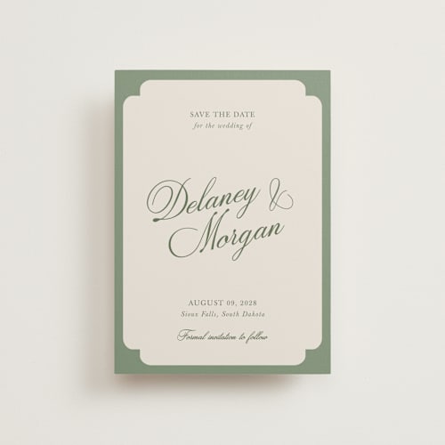 This is a olive save the date postcards with standard by Cass Loh called classic bold border printing on signature in postcard