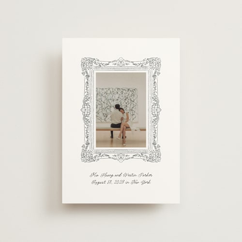 This is a diamond save the date postcards with standard by Jenna Holcomb called sketched frame printing on signature in postcard