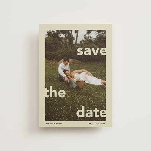 This is a mint save the date postcards with standard by Lori Wemple called save.the.date printing on signature in postcard