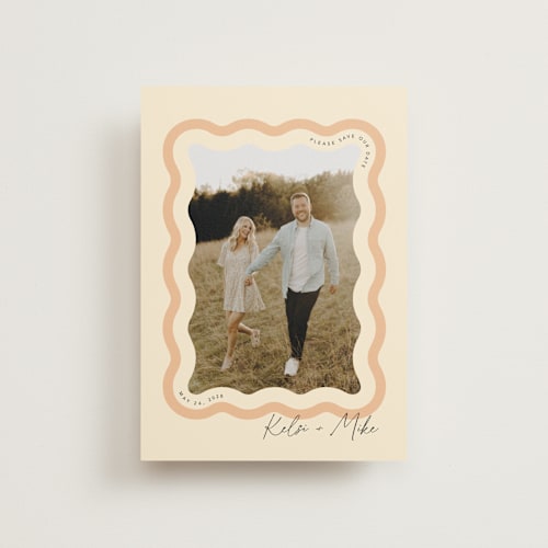 This is a seashell save the date postcards with standard by Robert and Stella called wavy printing on signature in postcard