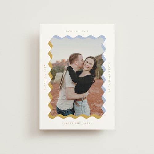 This is a aqua save the date postcards with standard by Baumbirdy called wavy frame printing on signature in postcard