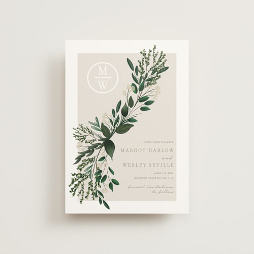 This is a taupe save the date postcards with standard by Kaydi Bishop called watermark printing on signature in postcard
