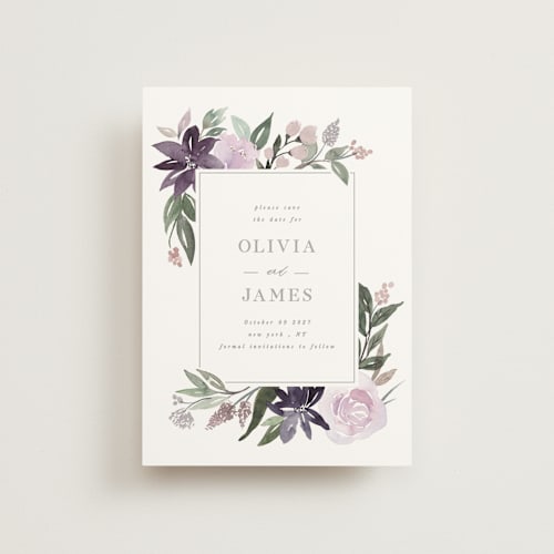 This is a lilac save the date postcards with standard by Creo Study called garden stroll printing on signature in postcard
