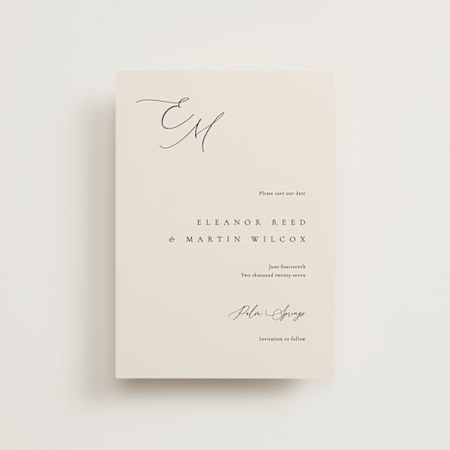 This is a linen save the date postcards with standard by Kelly Schmidt called corner printing on signature in postcard