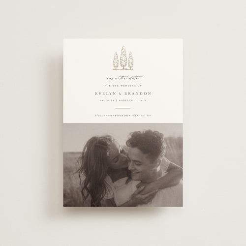 This is a champagne save the date postcards with standard by Sarah Brown called arborvitae printing on signature in postcard