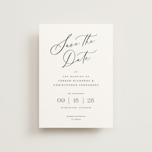 This is a pearl save the date postcards with standard by Hooray Creative called beautifully scripted printing on signature in postcard