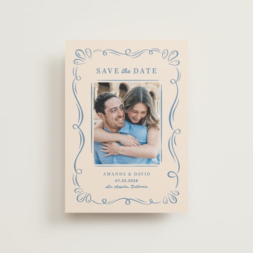 This is a dusty blue save the date postcards with standard by Lucia Saisse called happy day printing on signature in postcard