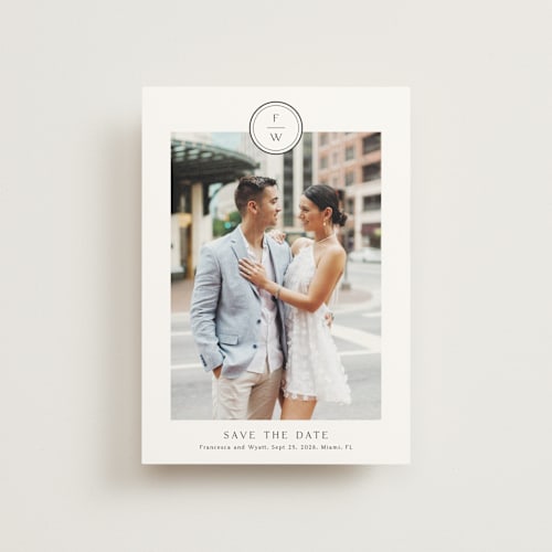 This is a cotton save the date postcards with standard by Stacey Meacham called circle monogram printing on signature in postcard