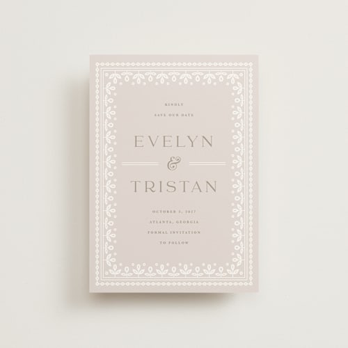This is a cream save the date postcards with standard by Kristen Smith called lace trim printing on signature in postcard