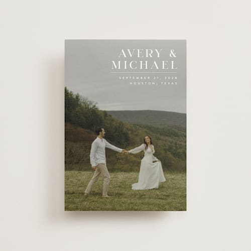 This is a ivory save the date postcards with standard by Juneau Designs called hold tight printing on signature in postcard