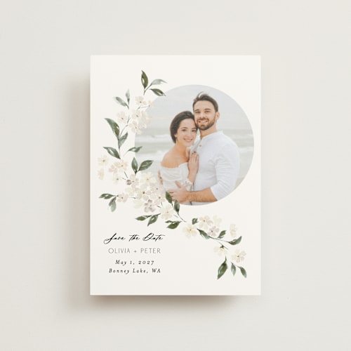 This is a porcelain save the date postcards with standard by Itsy Belle Studio called sweeping vine printing on signature in postcard