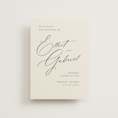 This is a ecru save the date postcards with standard by Hooray Creative called scripted names printing on signature in postcard