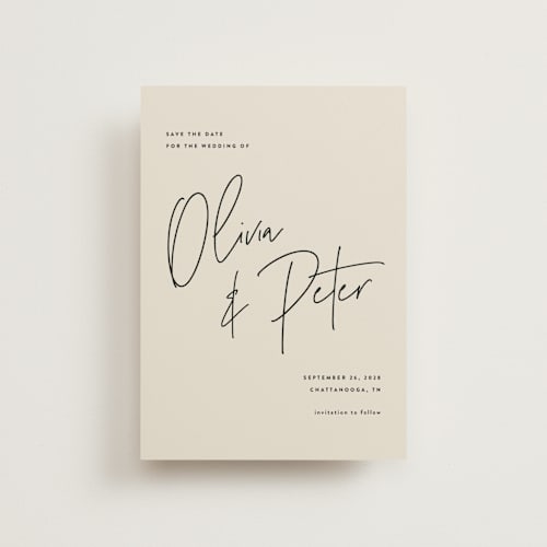 This is a champagne save the date postcards with standard by JoAnn Jinks called signed printing on signature in postcard