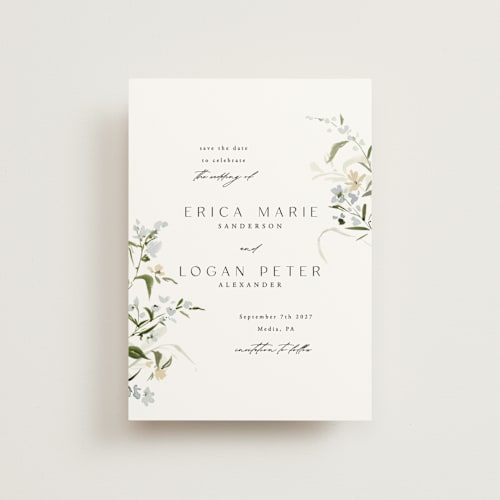 This is a lily save the date postcards with standard by Everett Paper Goods called fleur printing on signature in postcard