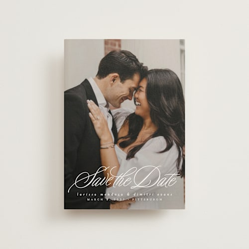 This is a pearl save the date postcards with standard by Lea Delaveris called lovely day printing on signature in postcard