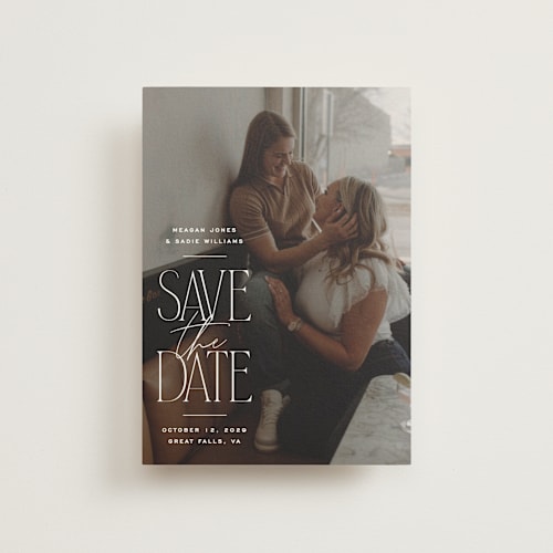 This is a cotton save the date postcards with standard by Owl and Toad called monument printing on signature in postcard