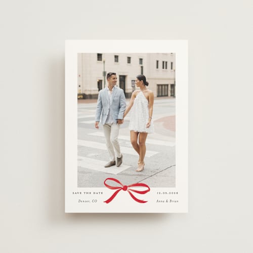 This is a crimson save the date postcards with standard by Olivia Kanaley Inman called crimson bow printing on signature in postcard