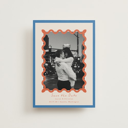 This is a papaya save the date postcards with standard by Blustery August called party squiggle printing on signature in postcard