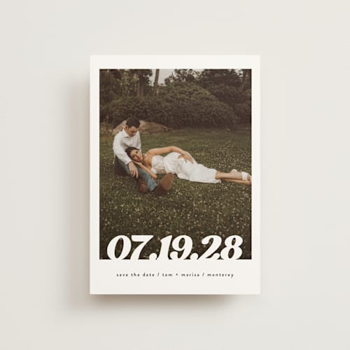 This is a pearl save the date postcards with standard by Christie Garcia called sidele printing on signature in postcard