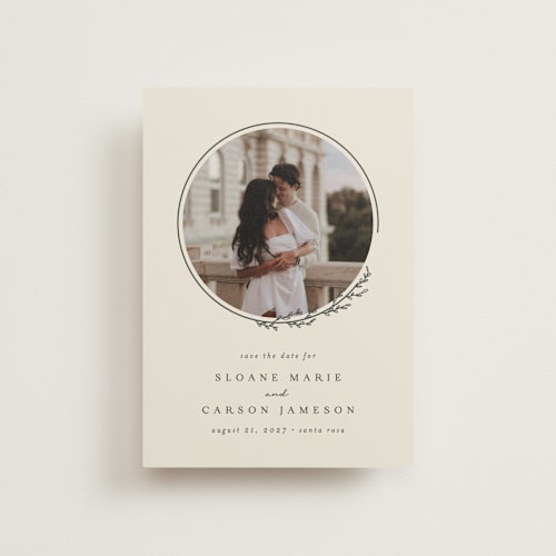 This is a almond save the date postcards with standard by Brianne Larsen called branched printing on signature in postcard