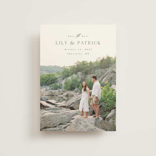 This is a charcoal save the date postcards with standard by Brandy Folse called a day to remember printing on signature in postcard