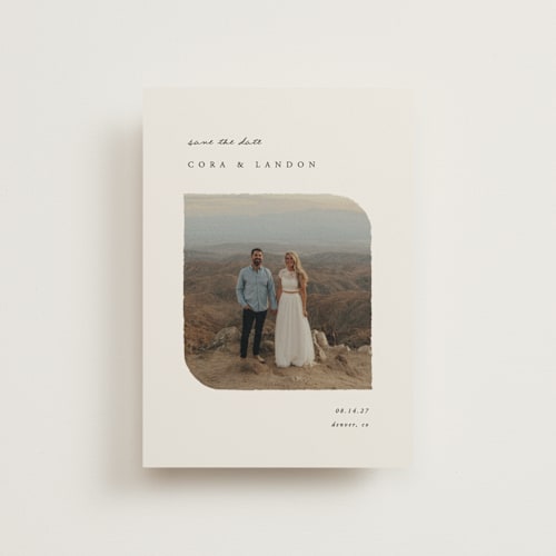 This is a almond save the date postcards with standard by Brianne Larsen called soft edges printing on signature in postcard