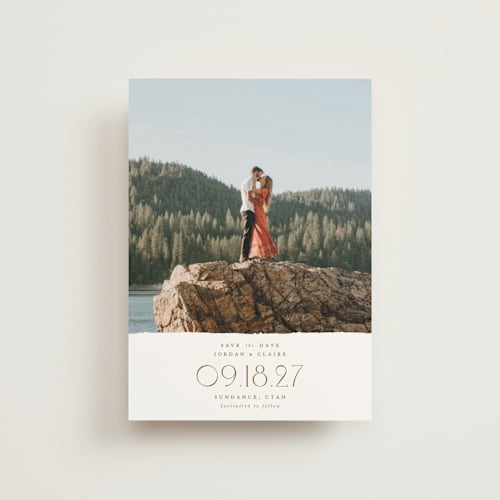 This is a cotton save the date postcards with standard by Robert and Stella called lawrence printing on signature in postcard