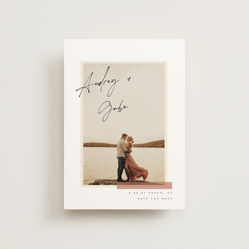 This is a clay save the date postcards with standard by Morgan Kendall called sentimentalist printing on signature in postcard