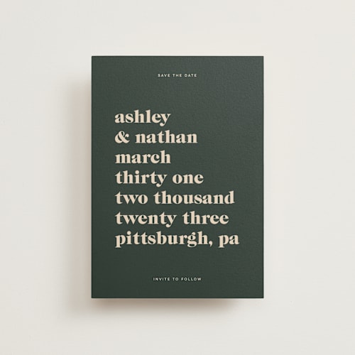 This is a spruce save the date postcards with standard by April Astudillo called modern type printing on signature in postcard