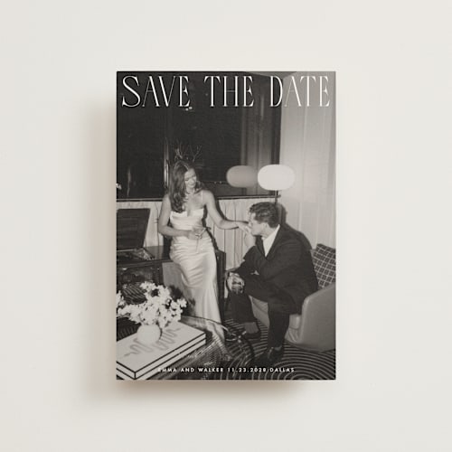 This is a snow save the date postcards with standard by Maja Cunningham called classic timeless printing on signature in postcard