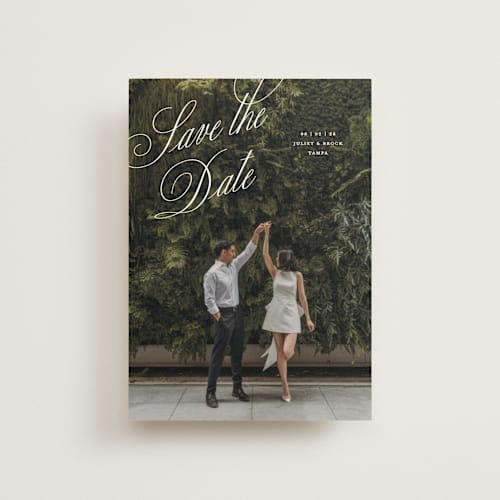 This is a pearl save the date postcards with standard by Pixel and Hank called enamored printing on signature in postcard