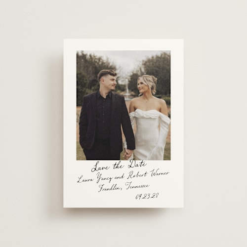 This is a snow save the date postcards with standard by Sara Hicks Malone called vintage script printing on signature in postcard