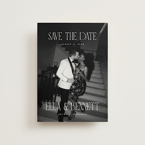 This is a snow save the date postcards with standard by Pixel and Hank called gaze printing on signature in postcard