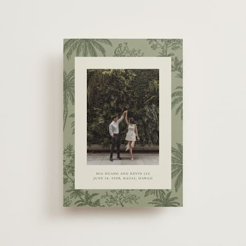 This is a jungle save the date postcards with standard by Jenna Holcomb called tropicale printing on signature in postcard