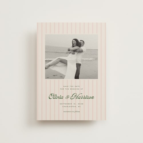 This is a blush save the date postcards with standard by Ellen Schlegelmilch called harrison printing on signature in postcard