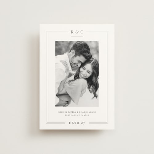 This is a mocha save the date postcards with standard by Meagan Christensen called alcott printing on signature in postcard