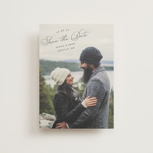 This is a smoke save the date postcards with standard by Morgan Kendall called stamp printing on signature in postcard