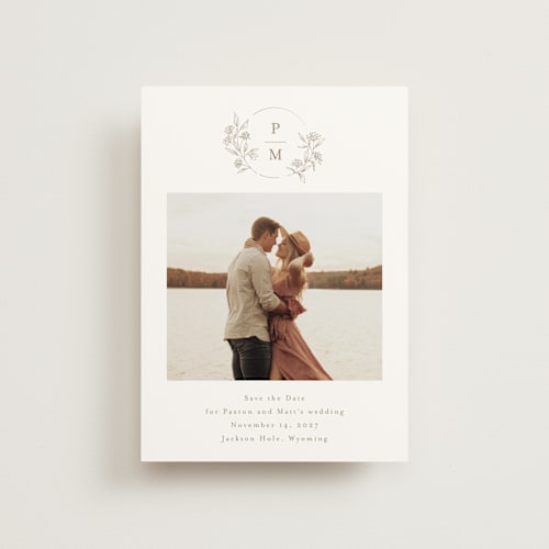 This is a taupe save the date postcards with standard by Chris Griffith called monogrammed printing on signature in postcard