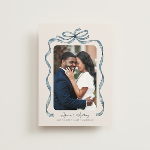 This is a blueberry save the date postcards with standard by Paper Sun Studio called tied together printing on signature in postcard