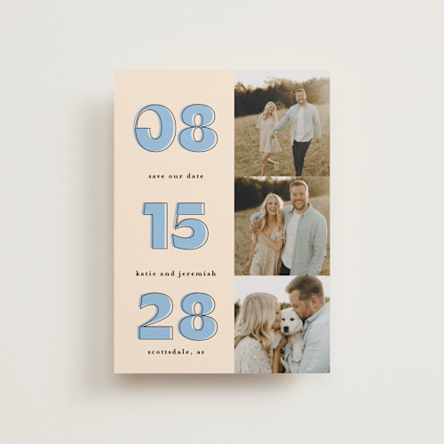 This is a dusty blue save the date postcards with standard by Leah Ragain called outlined date printing on signature in postcard