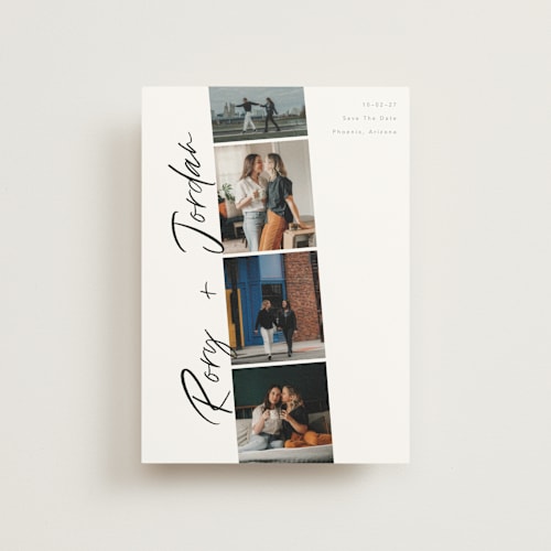 This is a vanilla save the date postcards with standard by Chryssi Tsoupanarias called photobooth love printing on signature in postcard